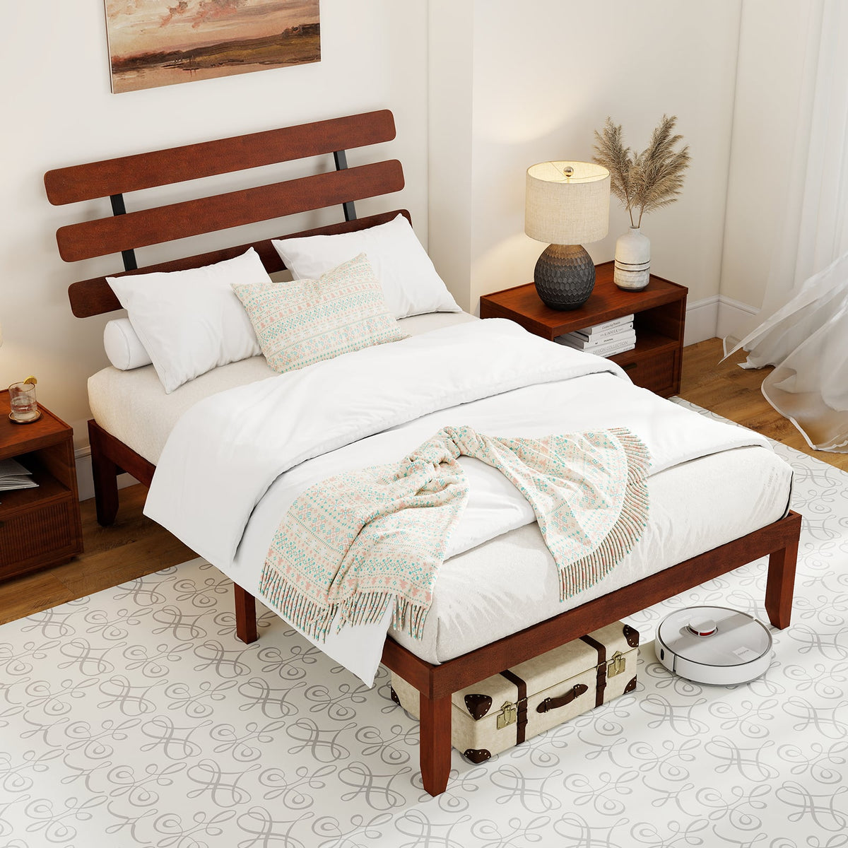 Full Size Bed Frame 15.5 Inch Solid Wood Platform Bed with Retro Headboard-Simple Bed Frame-DECOROLALA