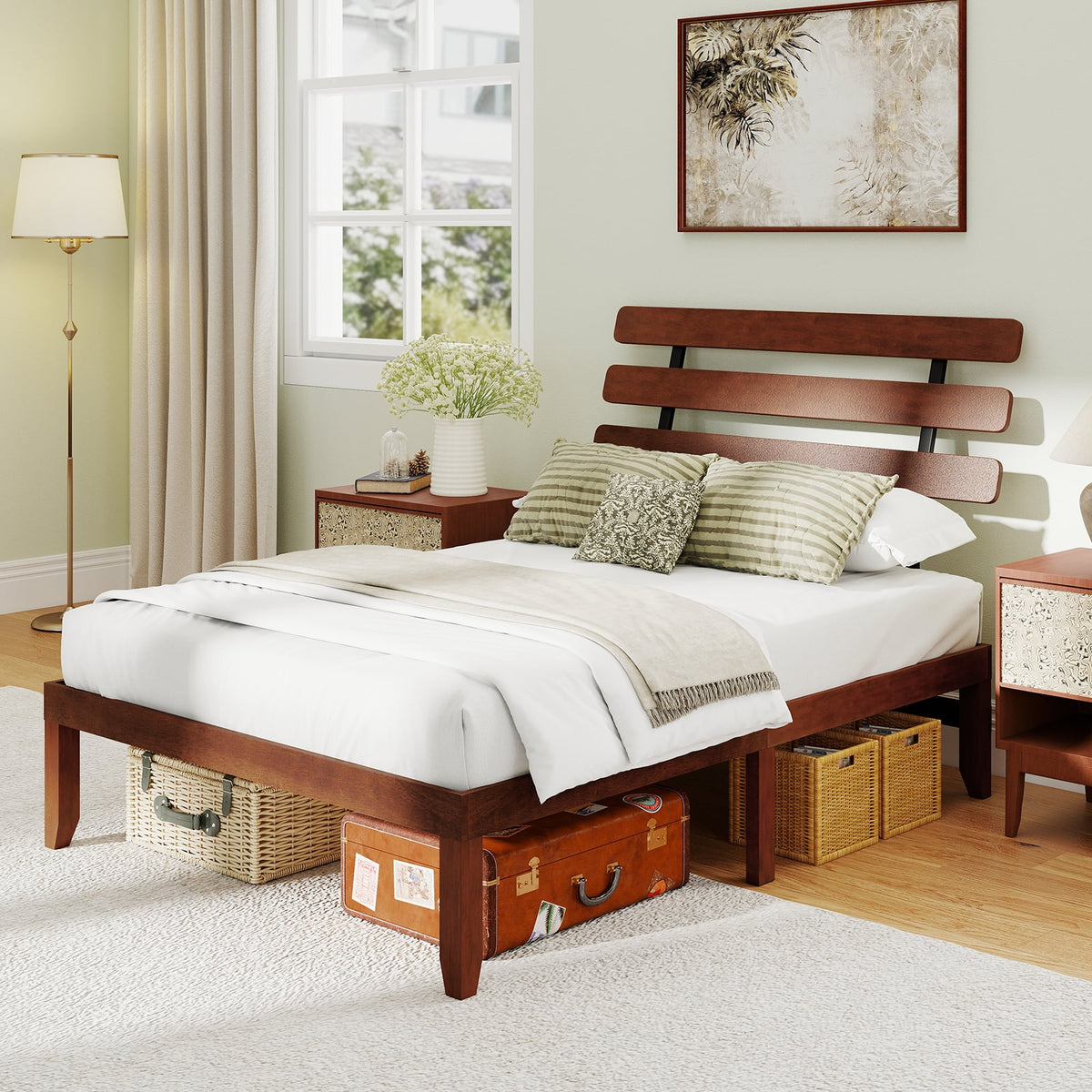 Full Size Bed Frame 15.5 Inch Solid Wood Platform Bed with Retro Headboard-Simple Bed Frame-DECOROLALA