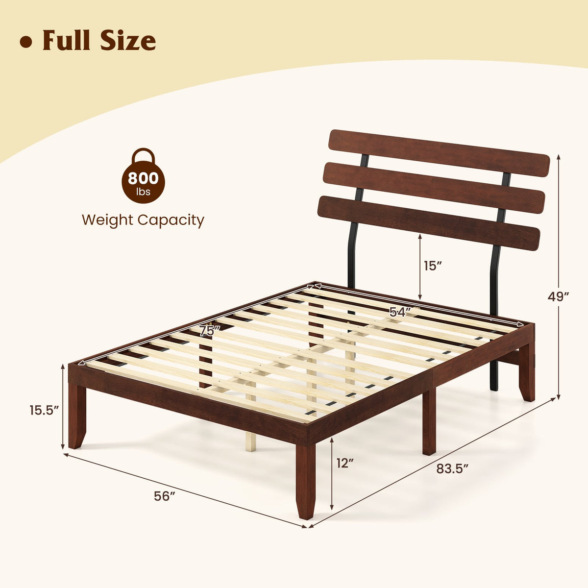 Full Size Bed Frame 15.5 Inch Solid Wood Platform Bed with Retro Headboard-Simple Bed Frame-DECOROLALA