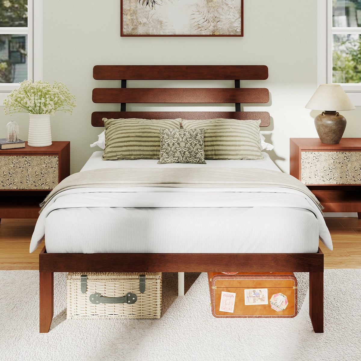 Full Size Bed Frame 15.5 Inch Solid Wood Platform Bed with Retro Headboard-Simple Bed Frame-DECOROLALA