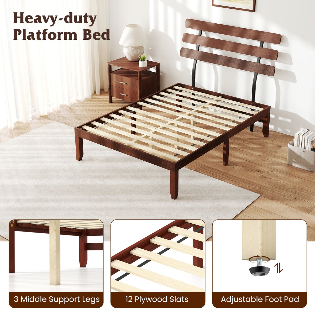 Full Size Bed Frame 15.5 Inch Solid Wood Platform Bed with Retro Headboard-Simple Bed Frame-DECOROLALA