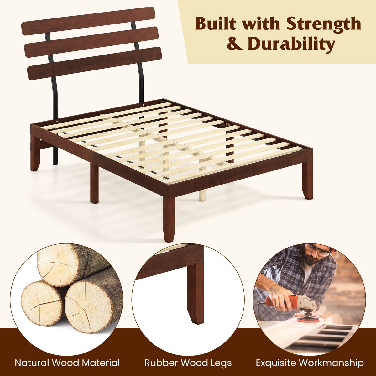 Full Size Bed Frame 15.5 Inch Solid Wood Platform Bed with Retro Headboard-Simple Bed Frame-DECOROLALA