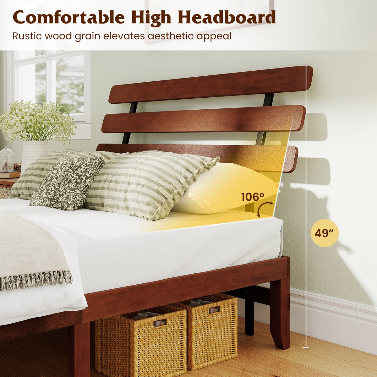 Full Size Bed Frame 15.5 Inch Solid Wood Platform Bed with Retro Headboard-Simple Bed Frame-DECOROLALA