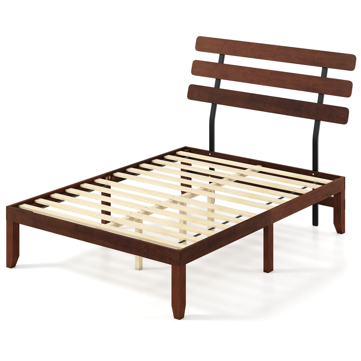Full Size Bed Frame 15.5 Inch Solid Wood Platform Bed with Retro Headboard-Simple Bed Frame-DECOROLALA