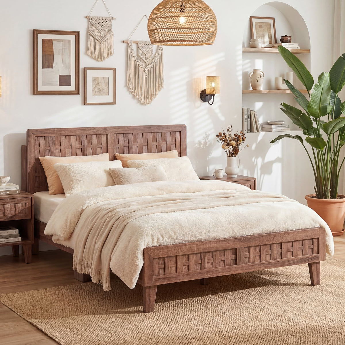 Full Size Bed Frame Mid Century with Woven Accent Headboard-Simple Bed Frame-DECOROLALA