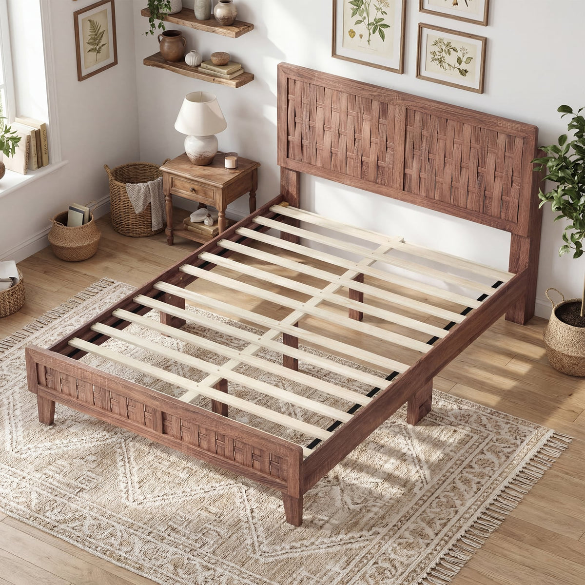 Full Size Bed Frame Mid Century with Woven Accent Headboard-Simple Bed Frame-DECOROLALA