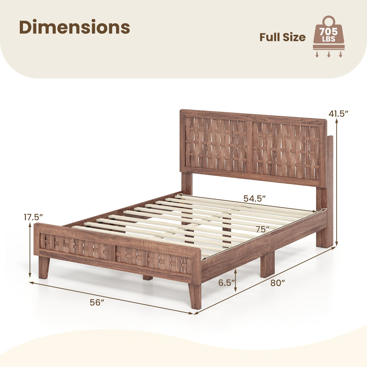 Full Size Bed Frame Mid Century with Woven Accent Headboard-Simple Bed Frame-DECOROLALA