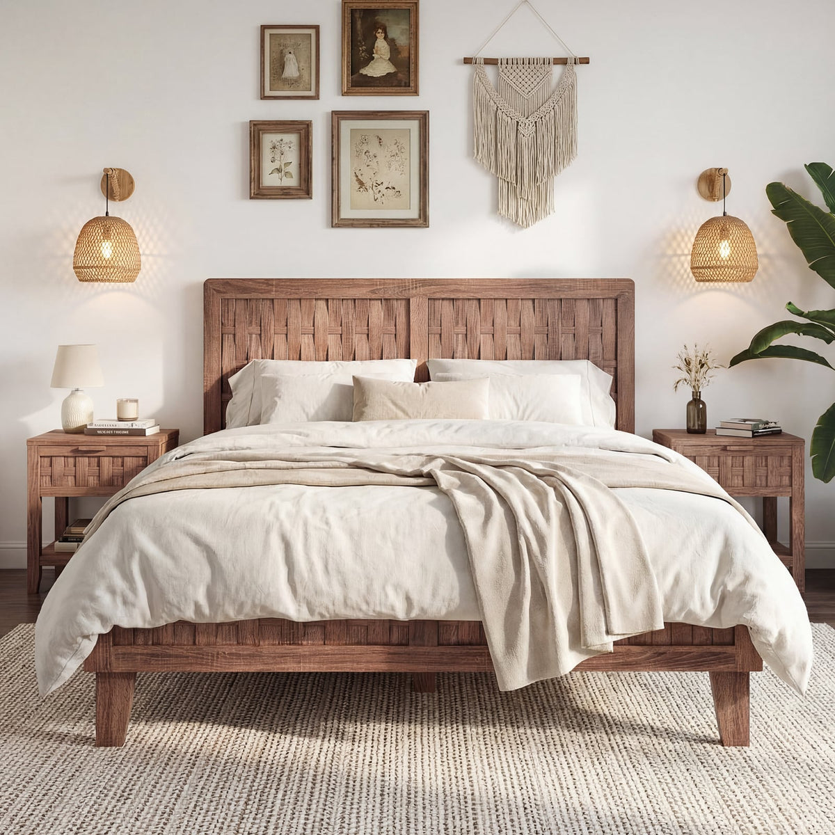 Full Size Bed Frame Mid Century with Woven Accent Headboard-Simple Bed Frame-DECOROLALA
