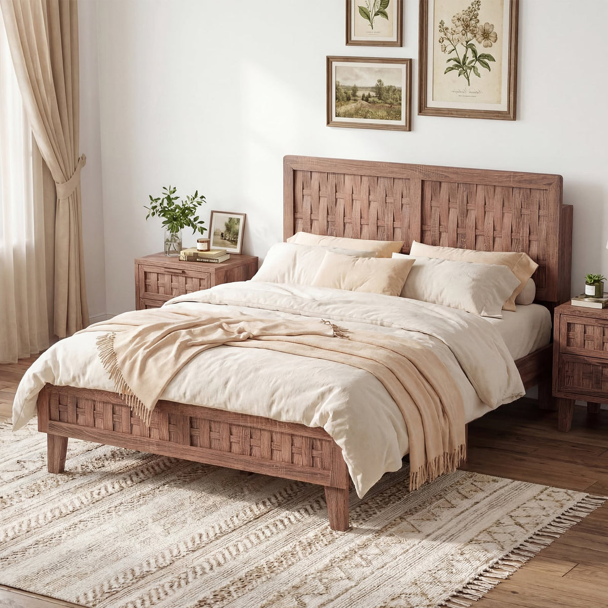 Full Size Bed Frame Mid Century with Woven Accent Headboard-Simple Bed Frame-DECOROLALA