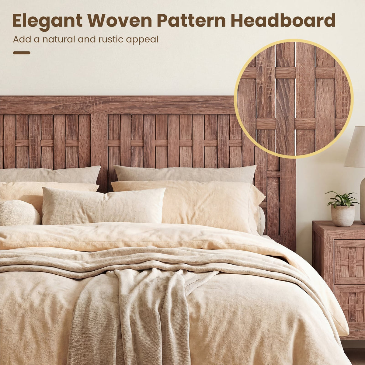 Full Size Bed Frame Mid Century with Woven Accent Headboard-Simple Bed Frame-DECOROLALA