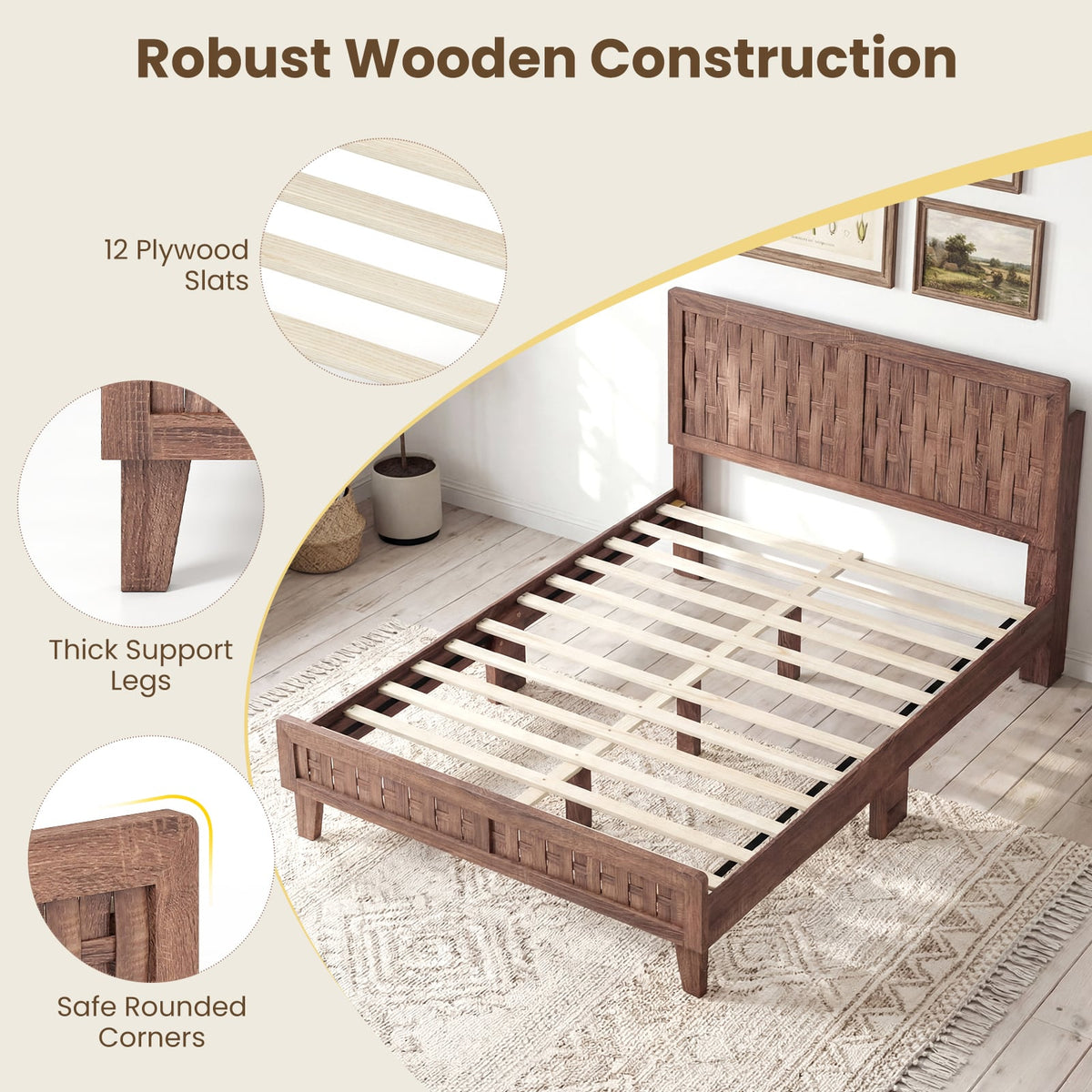 Full Size Bed Frame Mid Century with Woven Accent Headboard-Simple Bed Frame-DECOROLALA