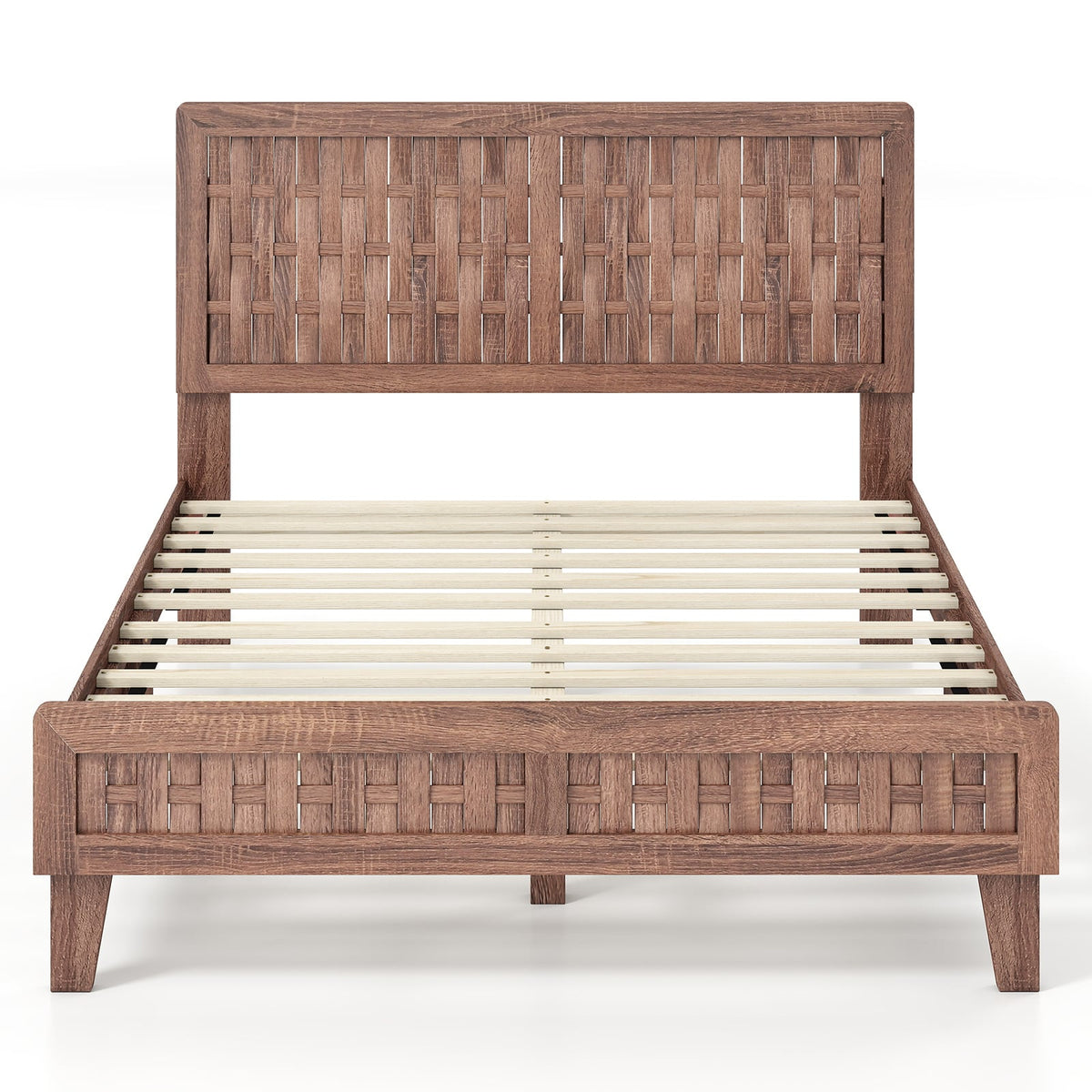 Full Size Bed Frame Mid Century with Woven Accent Headboard-Simple Bed Frame-DECOROLALA