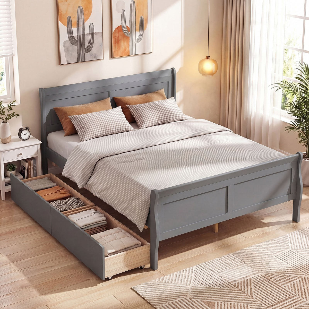 Full Size Bed Frame with 2 Storage Drawers and Footboard for Kids Teens Adults-Gray-Simple Bed Frame-DECOROLALA