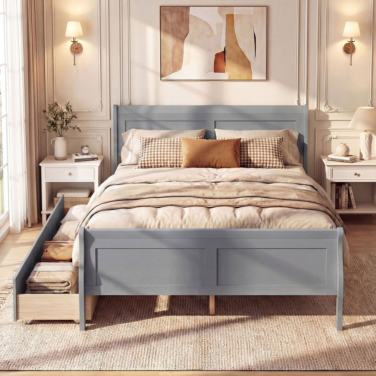 Full Size Bed Frame with 2 Storage Drawers and Footboard for Kids Teens Adults-Gray-Simple Bed Frame-DECOROLALA