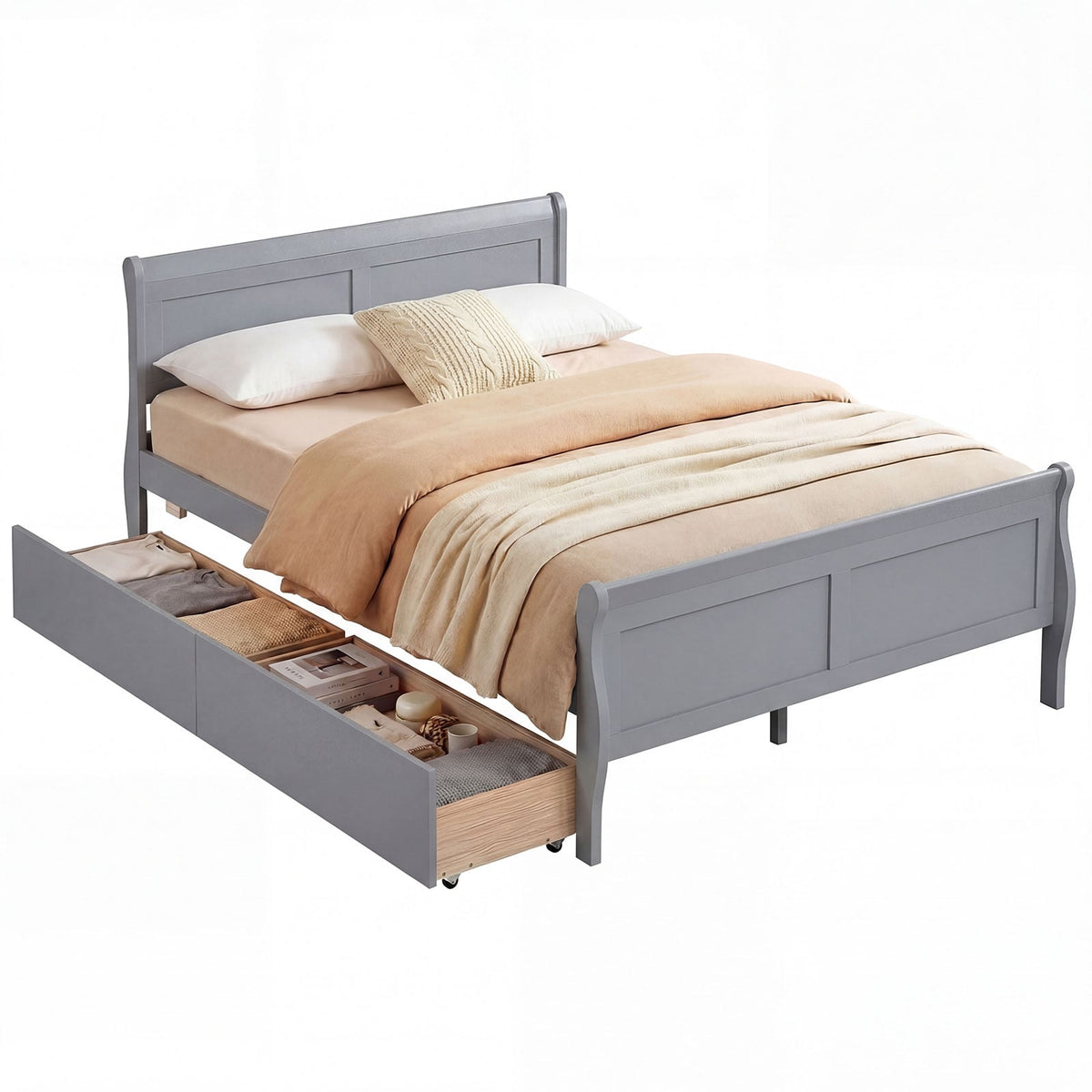 Full Size Bed Frame with 2 Storage Drawers and Footboard for Kids Teens Adults-Gray-Simple Bed Frame-DECOROLALA