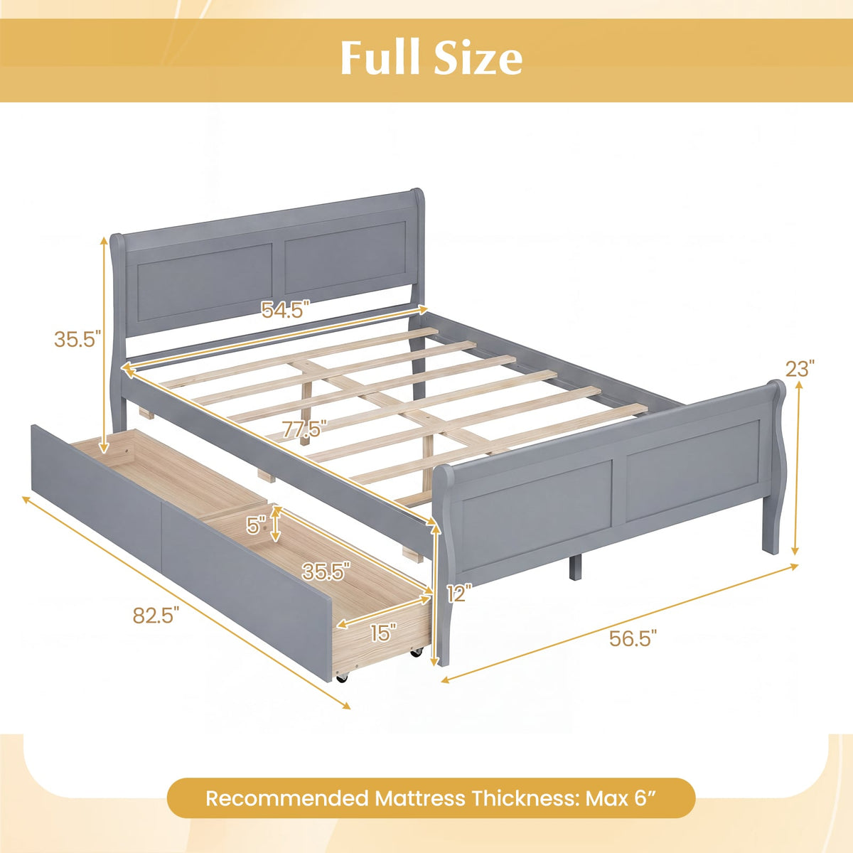 Full Size Bed Frame with 2 Storage Drawers and Footboard for Kids Teens Adults-Gray-Simple Bed Frame-DECOROLALA