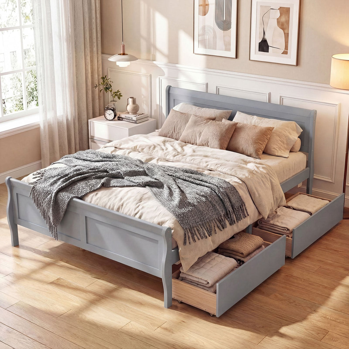 Full Size Bed Frame with 2 Storage Drawers and Footboard for Kids Teens Adults-Gray-Simple Bed Frame-DECOROLALA