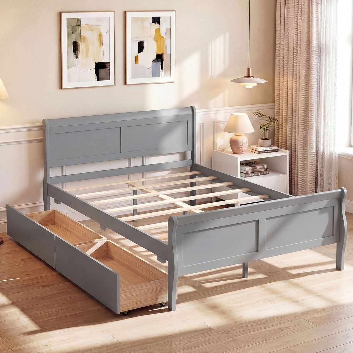 Full Size Bed Frame with 2 Storage Drawers and Footboard for Kids Teens Adults-Gray-Simple Bed Frame-DECOROLALA
