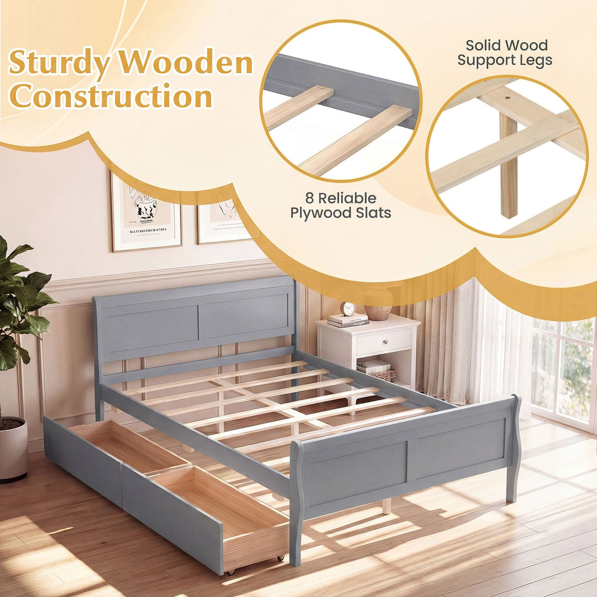 Full Size Bed Frame with 2 Storage Drawers and Footboard for Kids Teens Adults-Gray-Simple Bed Frame-DECOROLALA