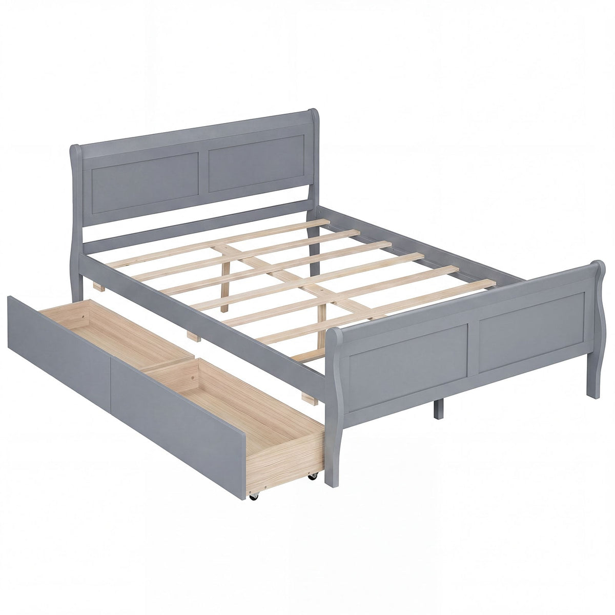 Full Size Bed Frame with 2 Storage Drawers and Footboard for Kids Teens Adults-Gray-Simple Bed Frame-DECOROLALA