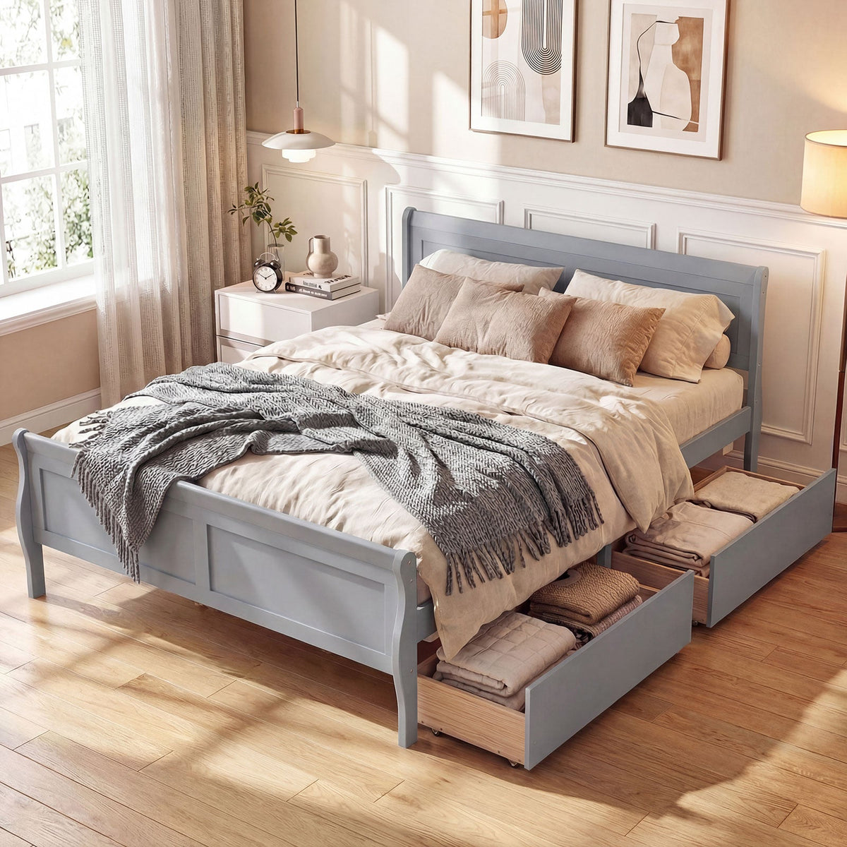 Full Size Bed Frame with 2 Storage Drawers and Footboard for Kids Teens Adults-Simple Bed Frame-DECOROLALA