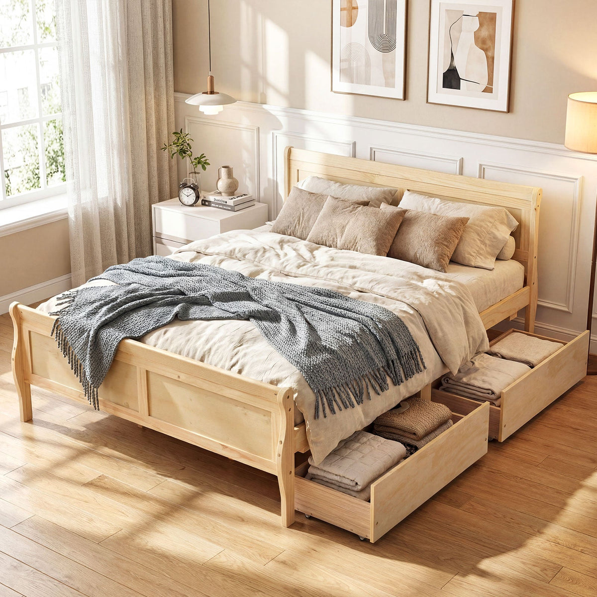 Full Size Bed Frame with 2 Storage Drawers and Footboard for Kids Teens Adults-Simple Bed Frame-DECOROLALA