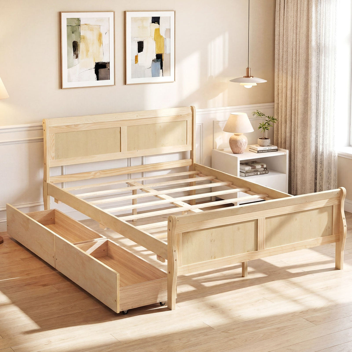 Full Size Bed Frame with 2 Storage Drawers and Footboard for Kids Teens Adults-Simple Bed Frame-DECOROLALA