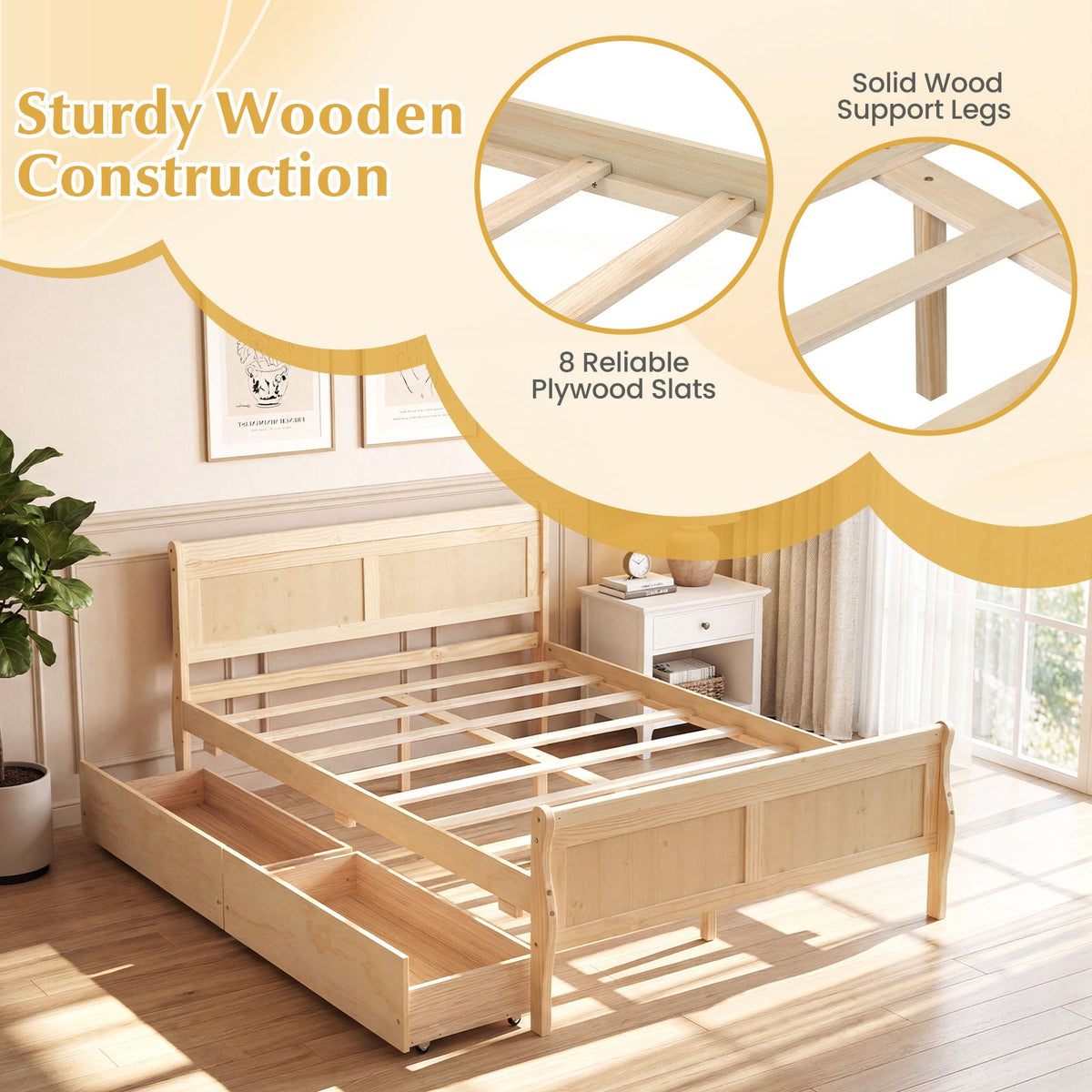 Full Size Bed Frame with 2 Storage Drawers and Footboard for Kids Teens Adults-Simple Bed Frame-DECOROLALA