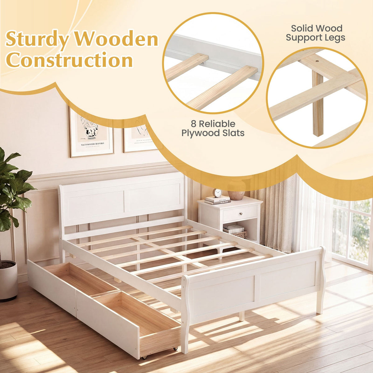 Full Size Bed Frame with 2 Storage Drawers and Footboard for Kids Teens Adults-Simple Bed Frame-DECOROLALA