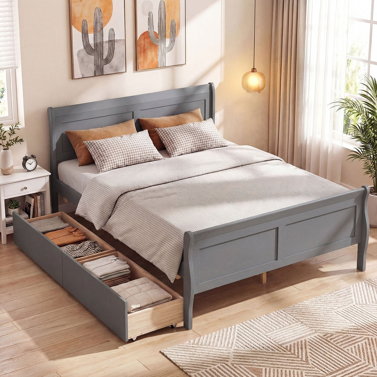 Full Size Bed Frame with 2 Storage Drawers and Footboard for Kids Teens Adults-Simple Bed Frame-DECOROLALA