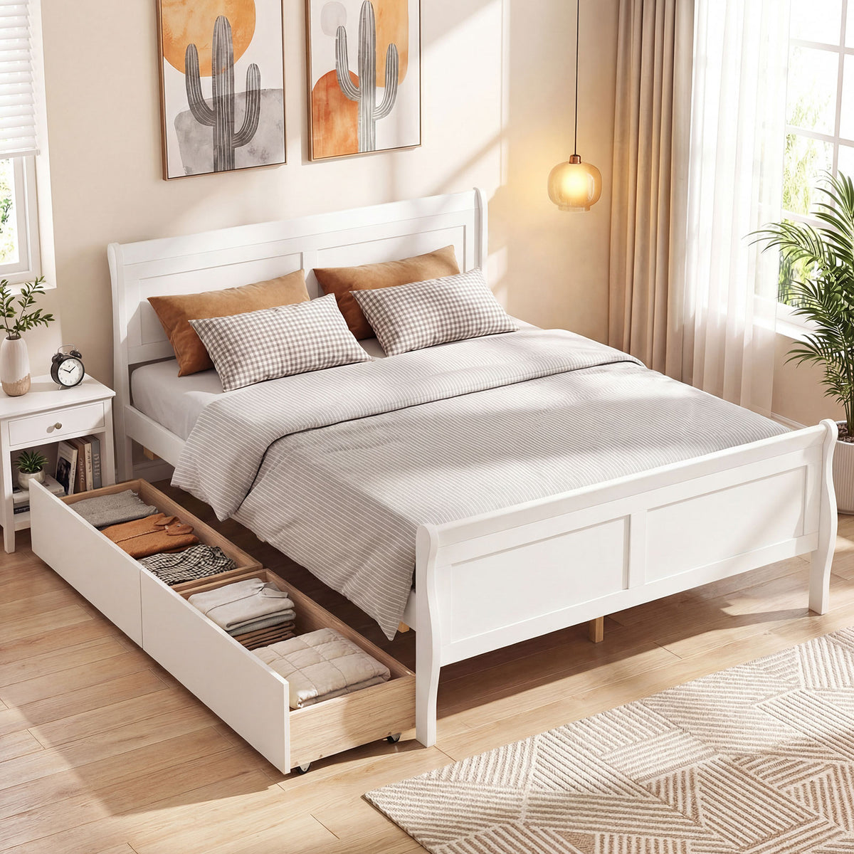 Full Size Bed Frame with 2 Storage Drawers and Footboard for Kids Teens Adults-White-Simple Bed Frame-DECOROLALA
