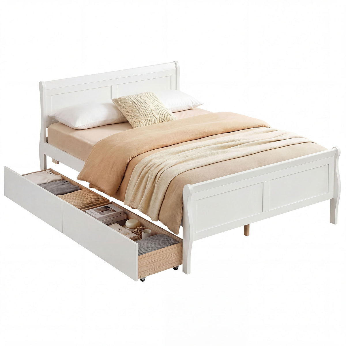 Full Size Bed Frame with 2 Storage Drawers and Footboard for Kids Teens Adults-White-Simple Bed Frame-DECOROLALA