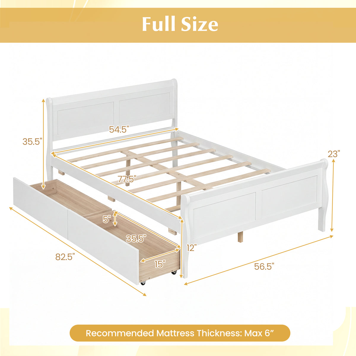Full Size Bed Frame with 2 Storage Drawers and Footboard for Kids Teens Adults-White-Simple Bed Frame-DECOROLALA