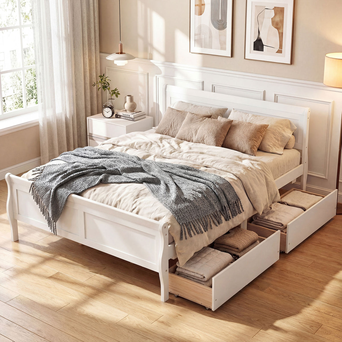 Full Size Bed Frame with 2 Storage Drawers and Footboard for Kids Teens Adults-White-Simple Bed Frame-DECOROLALA