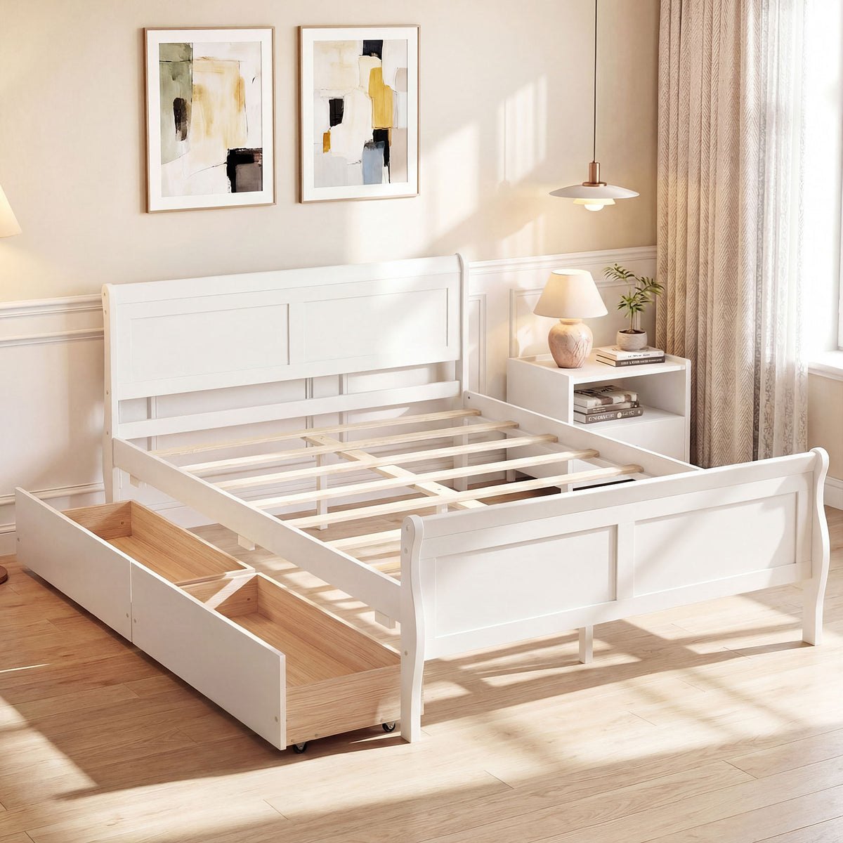 Full Size Bed Frame with 2 Storage Drawers and Footboard for Kids Teens Adults-White-Simple Bed Frame-DECOROLALA