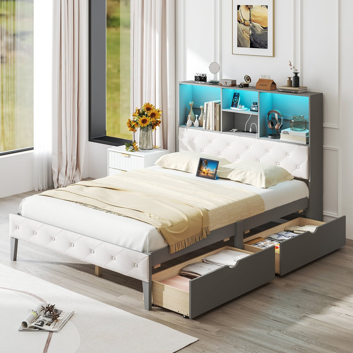 Full Size Bed Frame with Bookcase Headboard and LED Lights-Gray-Simple Bed Frame-DECOROLALA