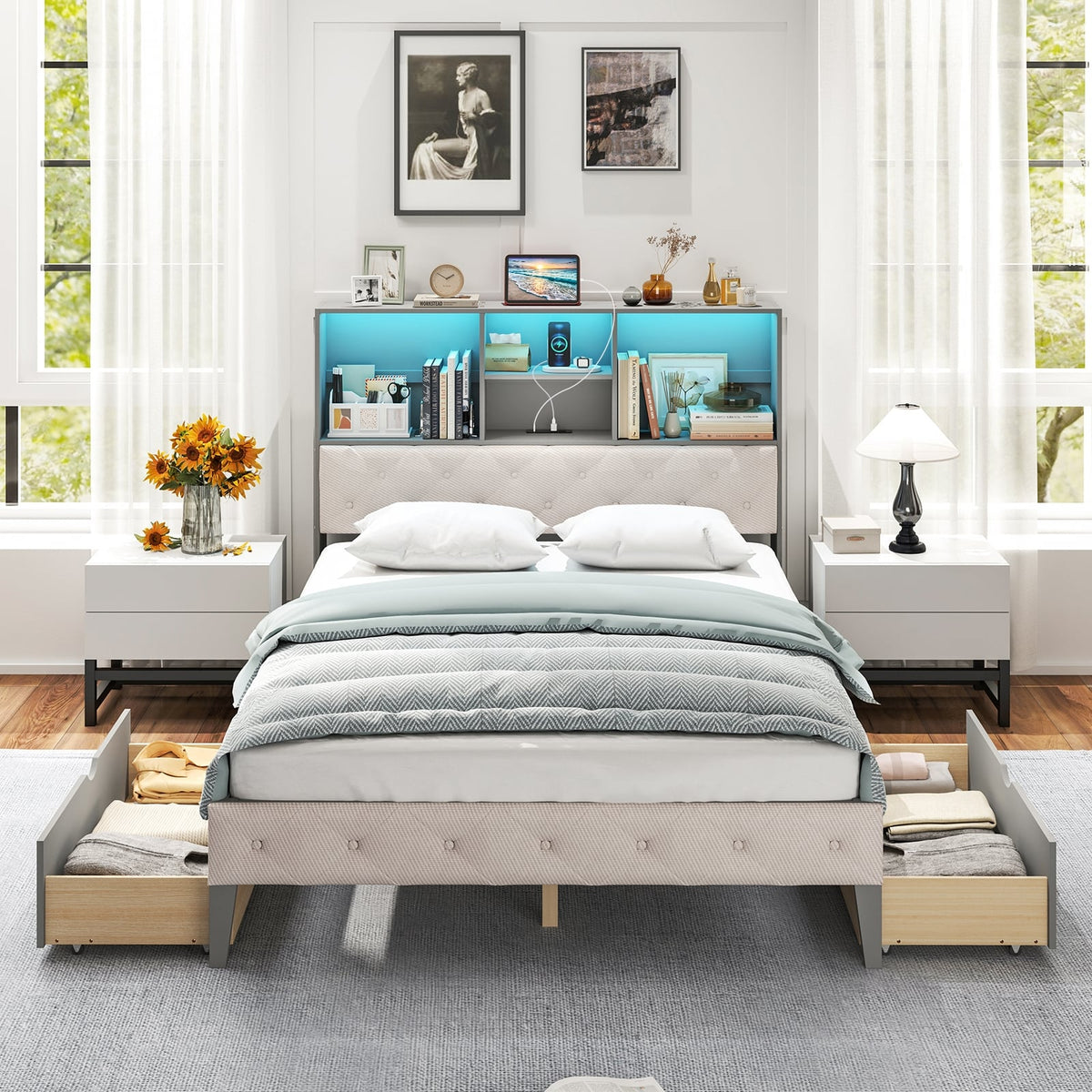 Full Size Bed Frame with Bookcase Headboard and LED Lights-Gray-Simple Bed Frame-DECOROLALA