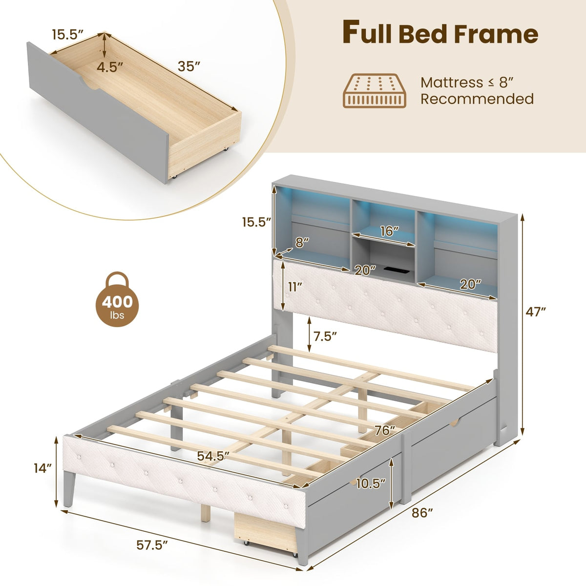 Full Size Bed Frame with Bookcase Headboard and LED Lights-Gray-Simple Bed Frame-DECOROLALA