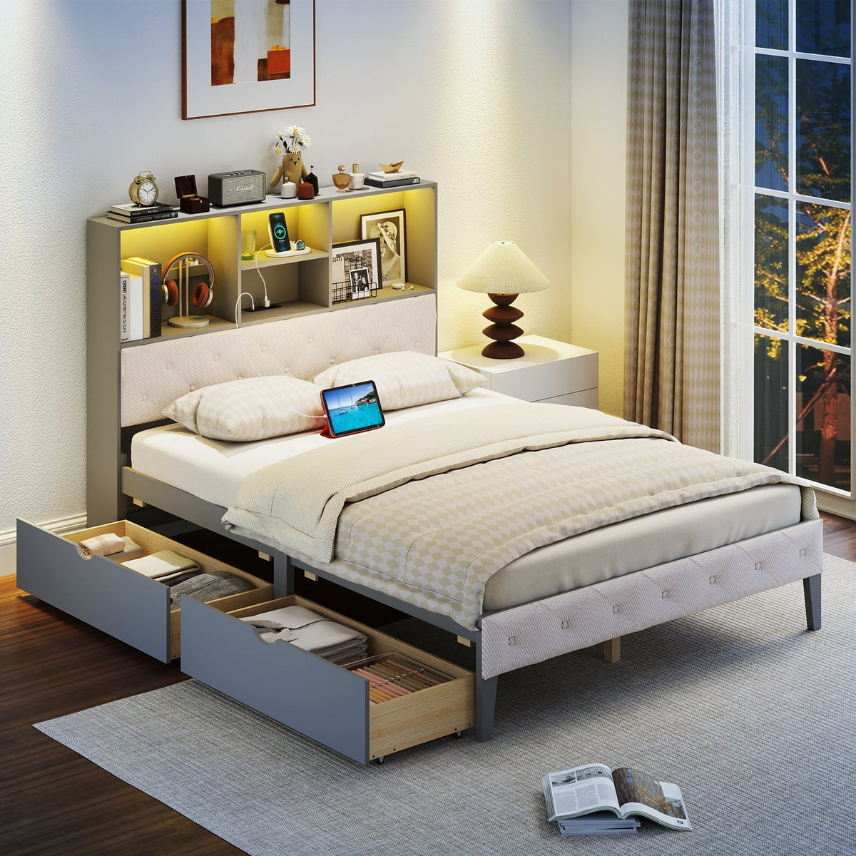 Full Size Bed Frame with Bookcase Headboard and LED Lights-Gray-Simple Bed Frame-DECOROLALA