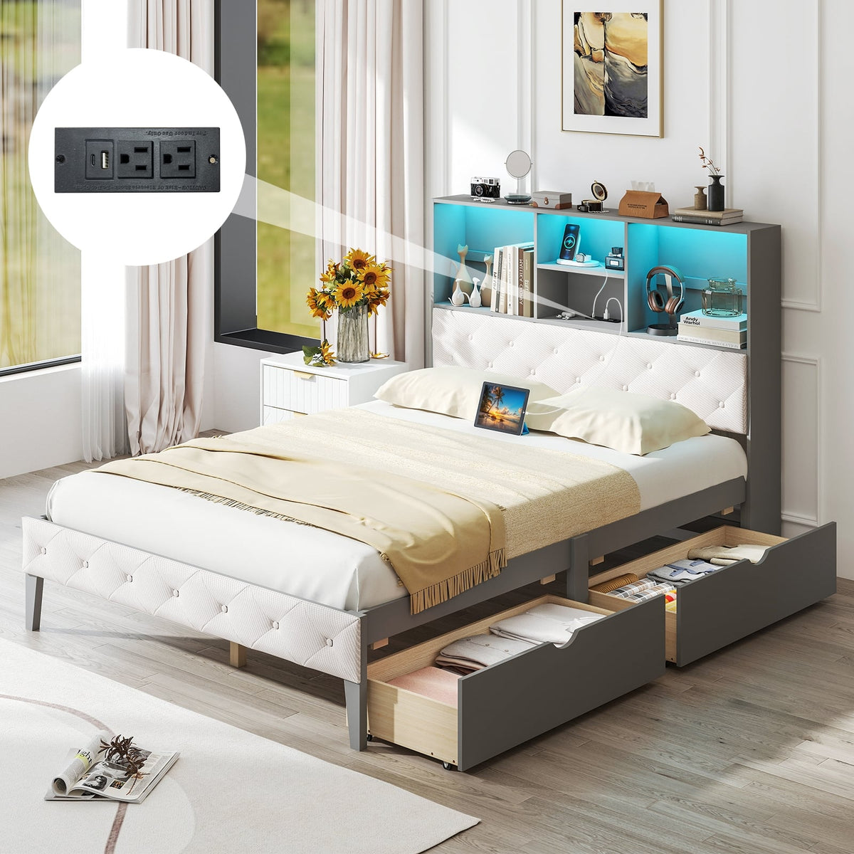 Full Size Bed Frame with Bookcase Headboard and LED Lights-Gray-Simple Bed Frame-DECOROLALA