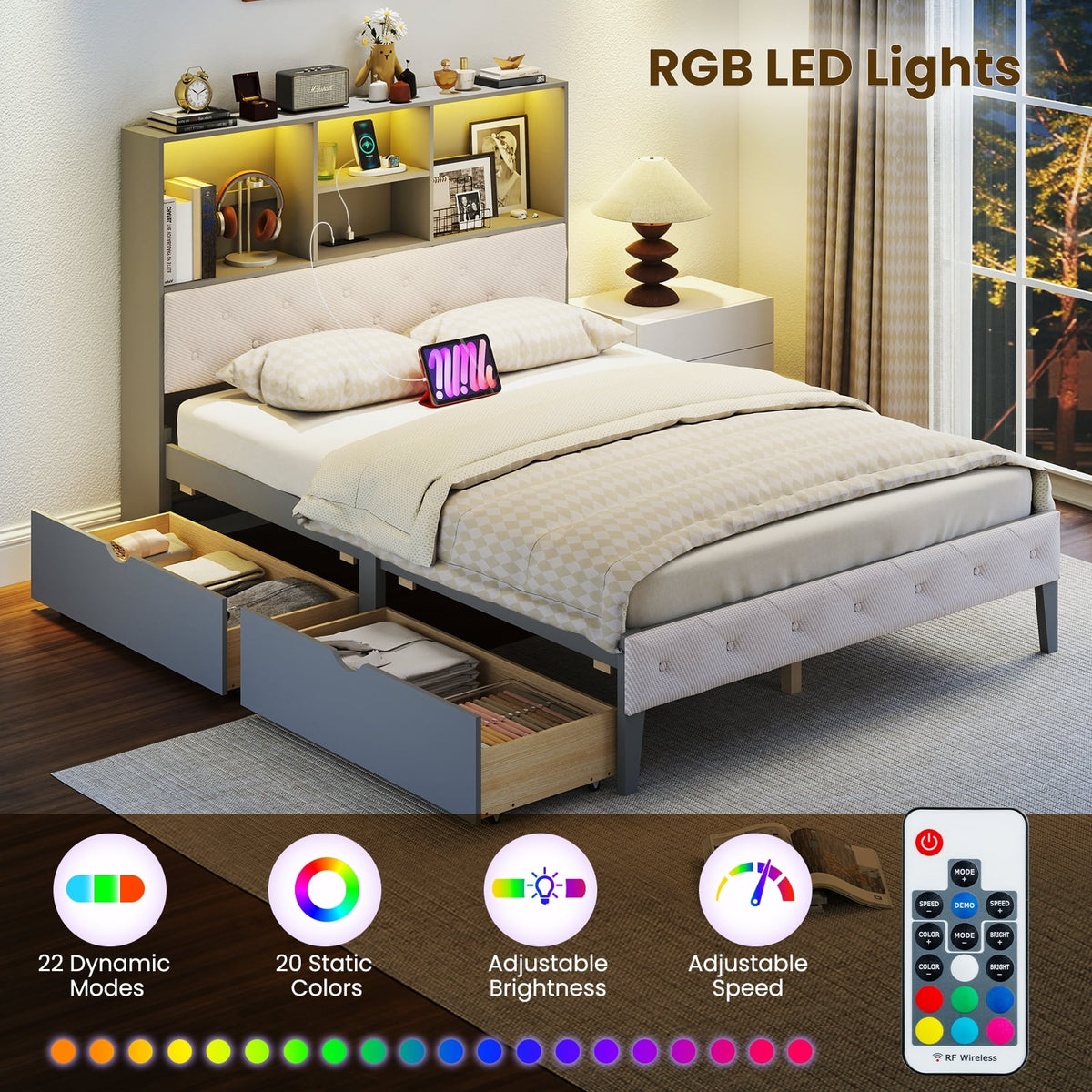 Full Size Bed Frame with Bookcase Headboard and LED Lights-Gray-Simple Bed Frame-DECOROLALA
