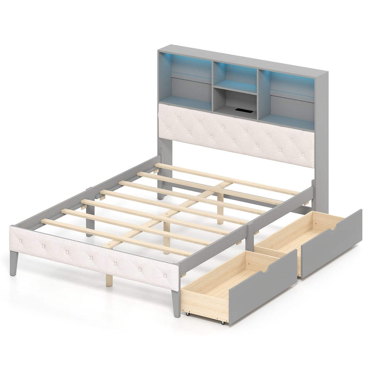 Full Size Bed Frame with Bookcase Headboard and LED Lights-Gray-Simple Bed Frame-DECOROLALA
