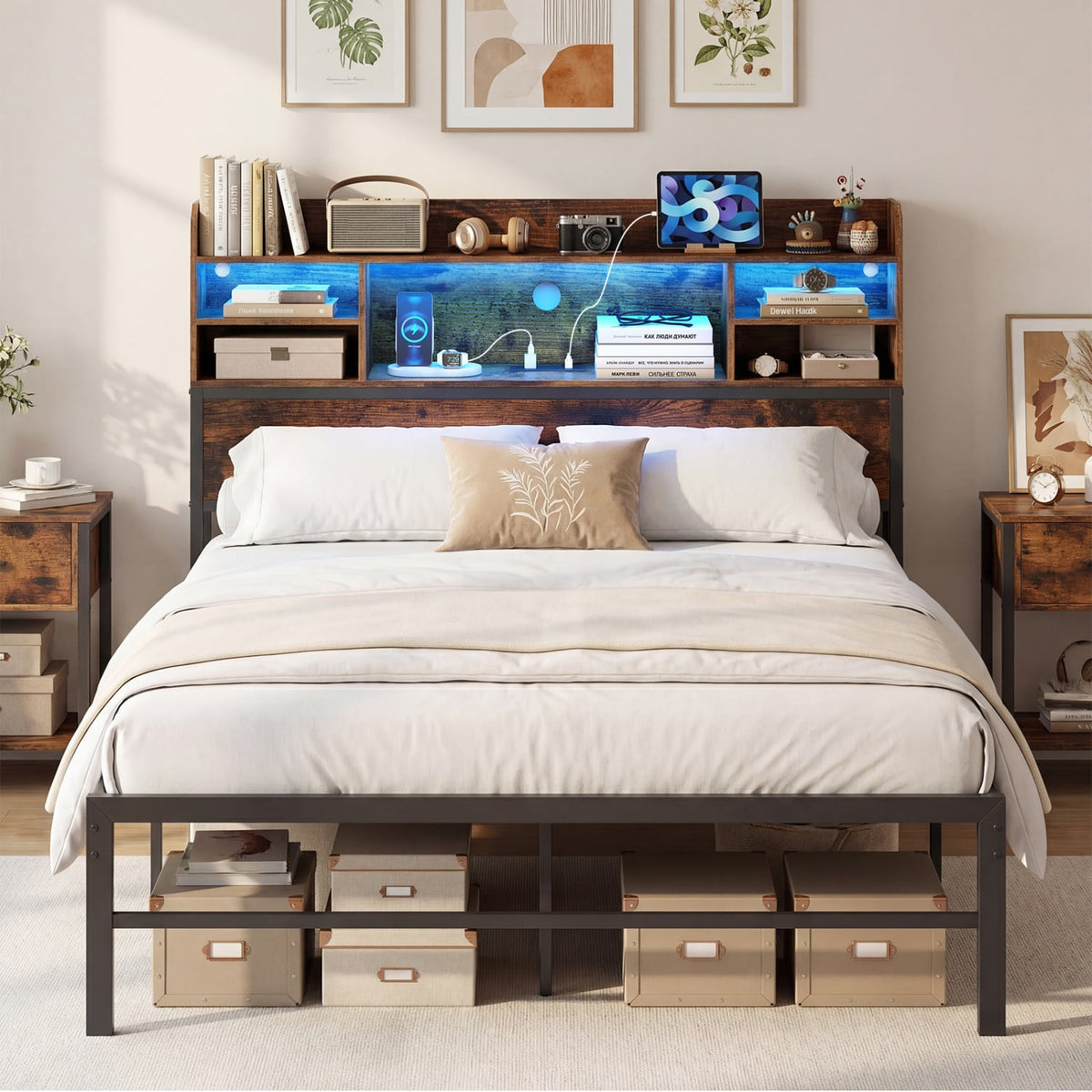 Full Size Bed Frame with Headboard LED Lights and Charging Station-Rustic Brown-Simple Bed Frame-DECOROLALA