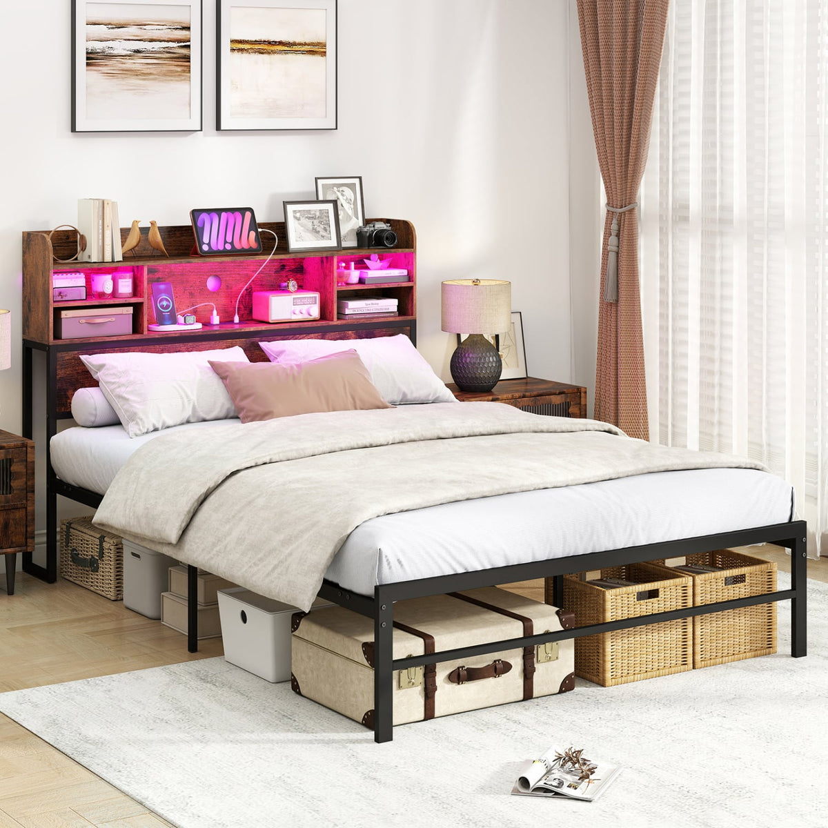 Full Size Bed Frame with Headboard LED Lights and Charging Station-Rustic Brown-Simple Bed Frame-DECOROLALA