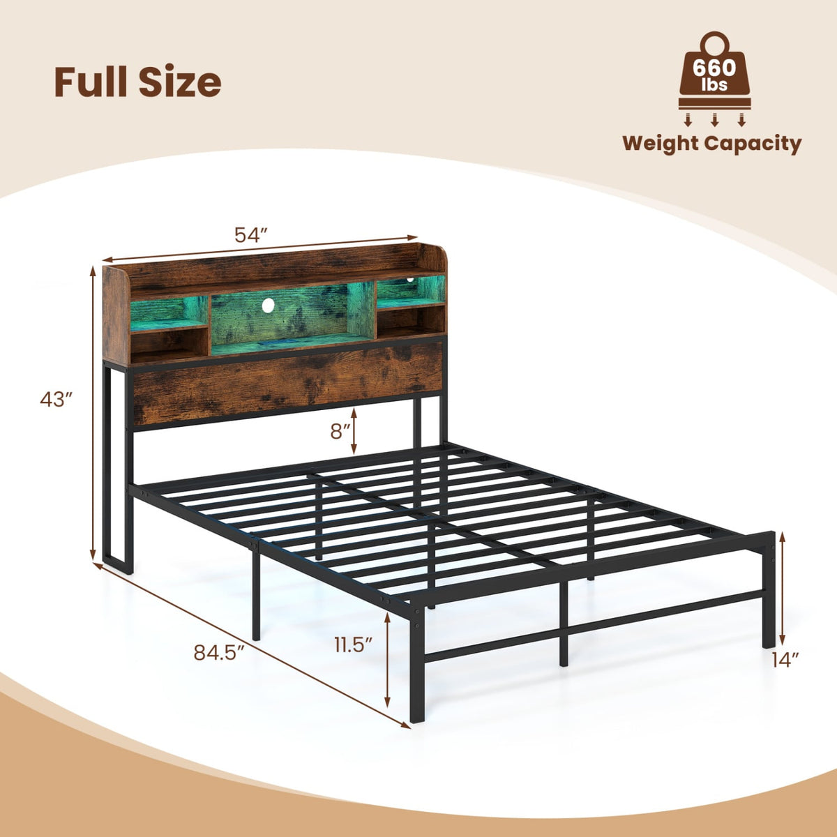 Full Size Bed Frame with Headboard LED Lights and Charging Station-Rustic Brown-Simple Bed Frame-DECOROLALA