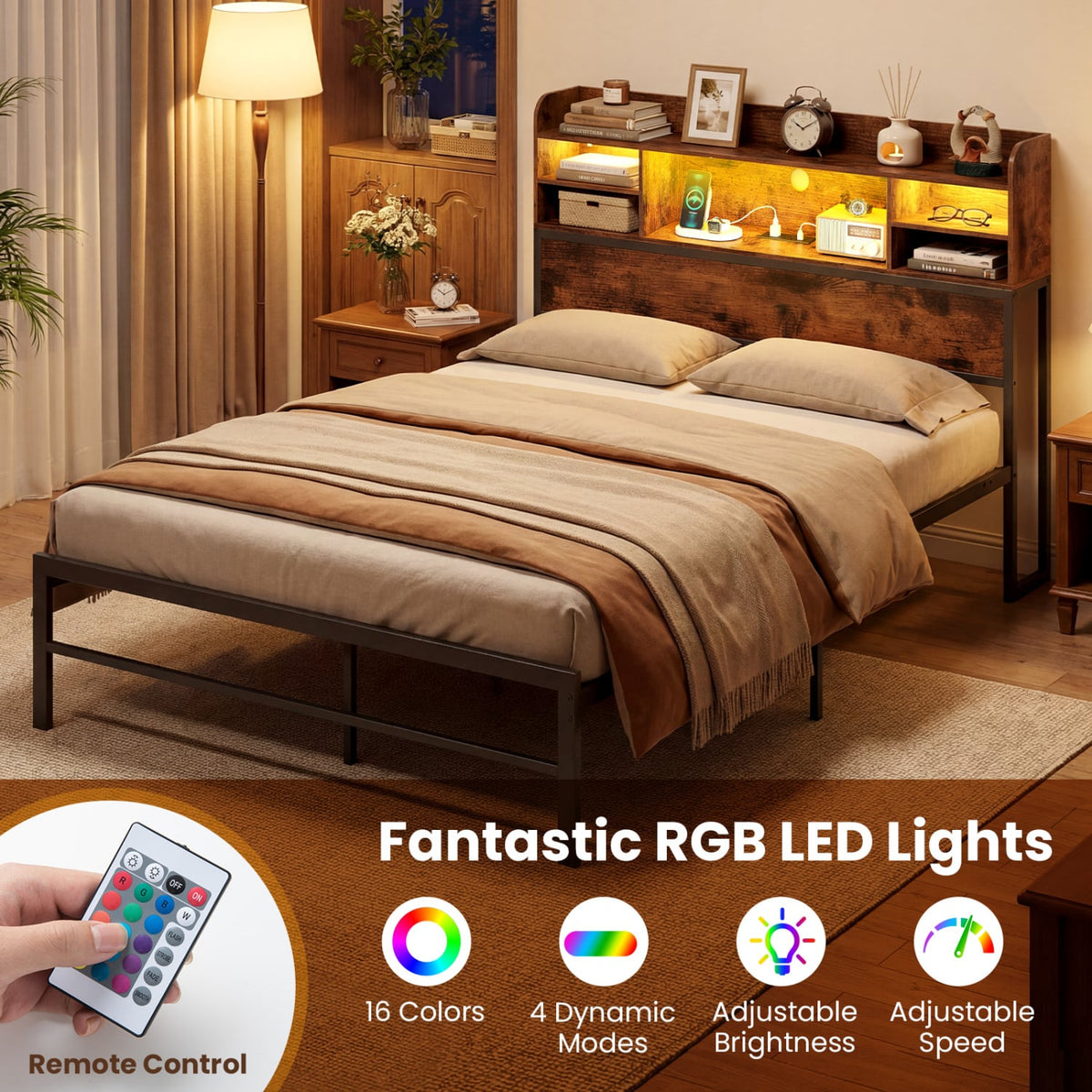 Full Size Bed Frame with Headboard LED Lights and Charging Station-Rustic Brown-Simple Bed Frame-DECOROLALA