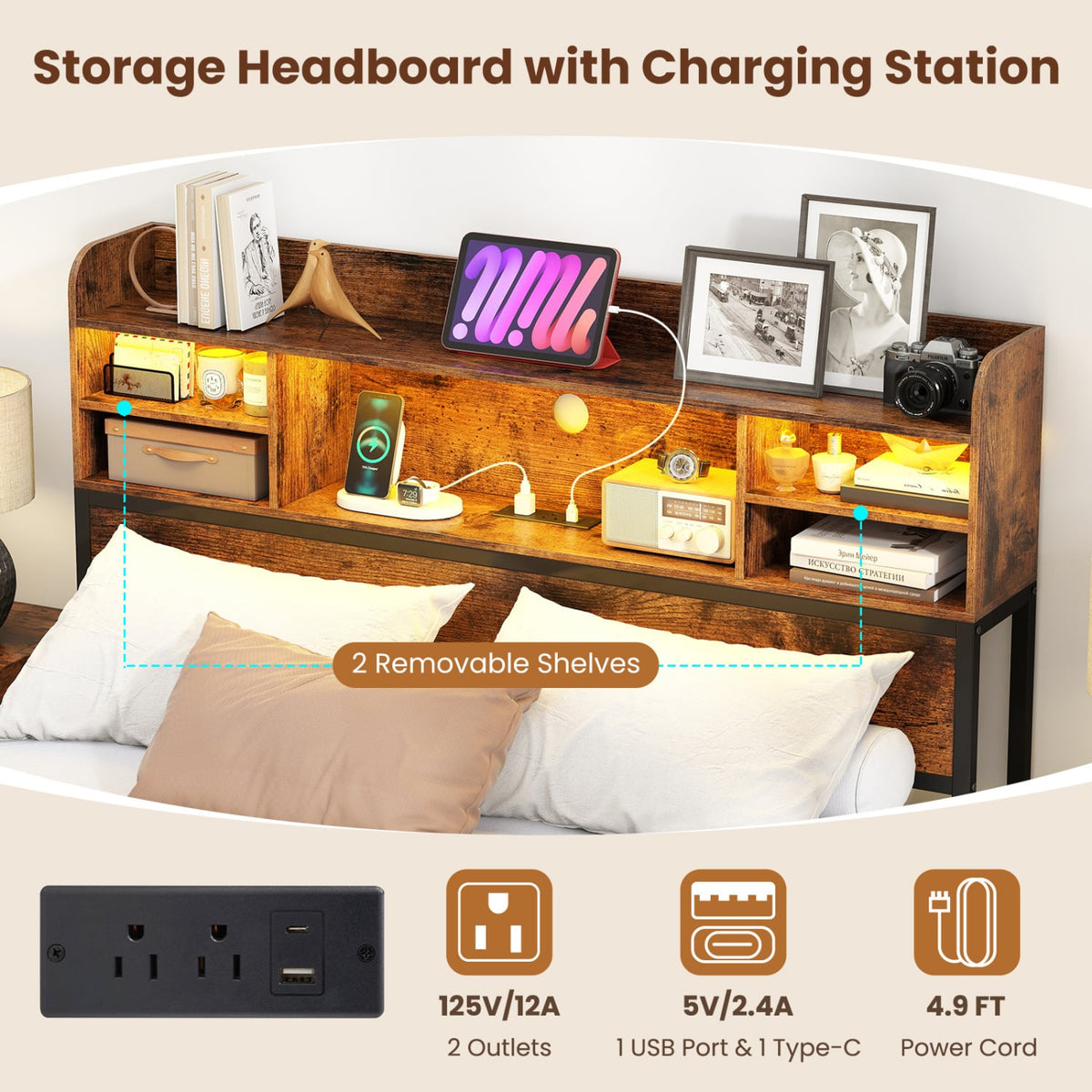 Full Size Bed Frame with Headboard LED Lights and Charging Station-Rustic Brown-Simple Bed Frame-DECOROLALA