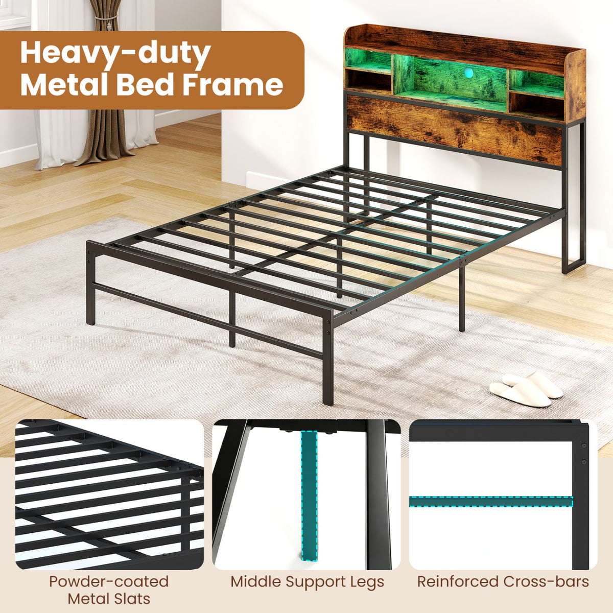 Full Size Bed Frame with Headboard LED Lights and Charging Station-Rustic Brown-Simple Bed Frame-DECOROLALA