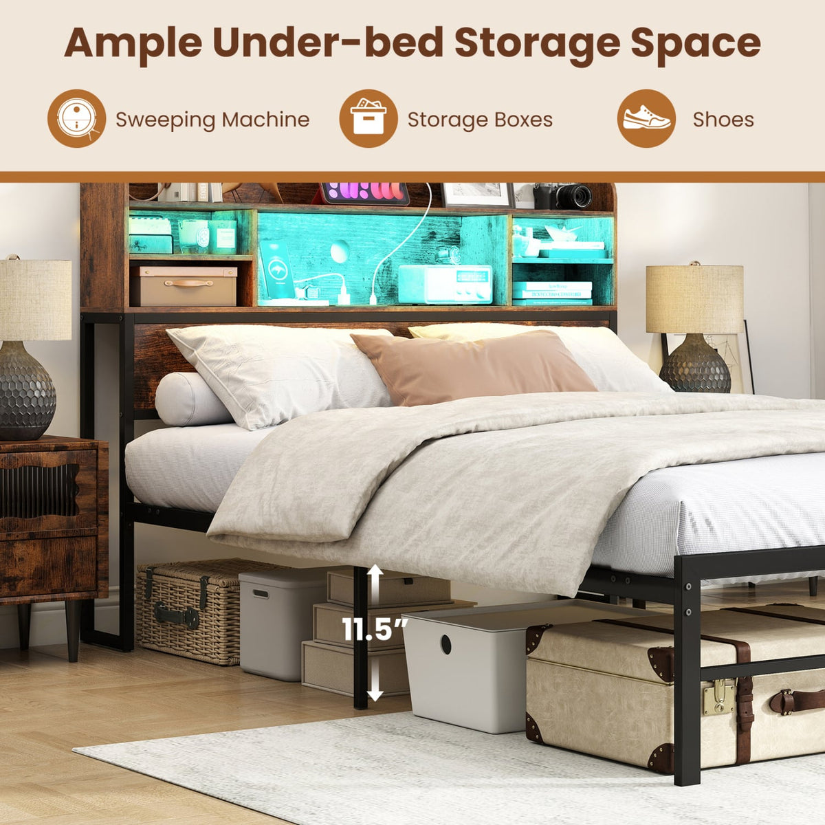 Full Size Bed Frame with Headboard LED Lights and Charging Station-Rustic Brown-Simple Bed Frame-DECOROLALA