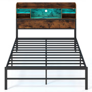 Full Size Bed Frame with Headboard LED Lights and Charging Station-Rustic Brown-Simple Bed Frame-DECOROLALA